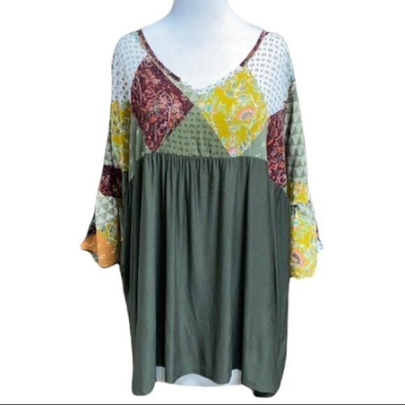 E. Luna 3/4 Sleeve Olive Baby Doll Tunic - Picture 1 of 6